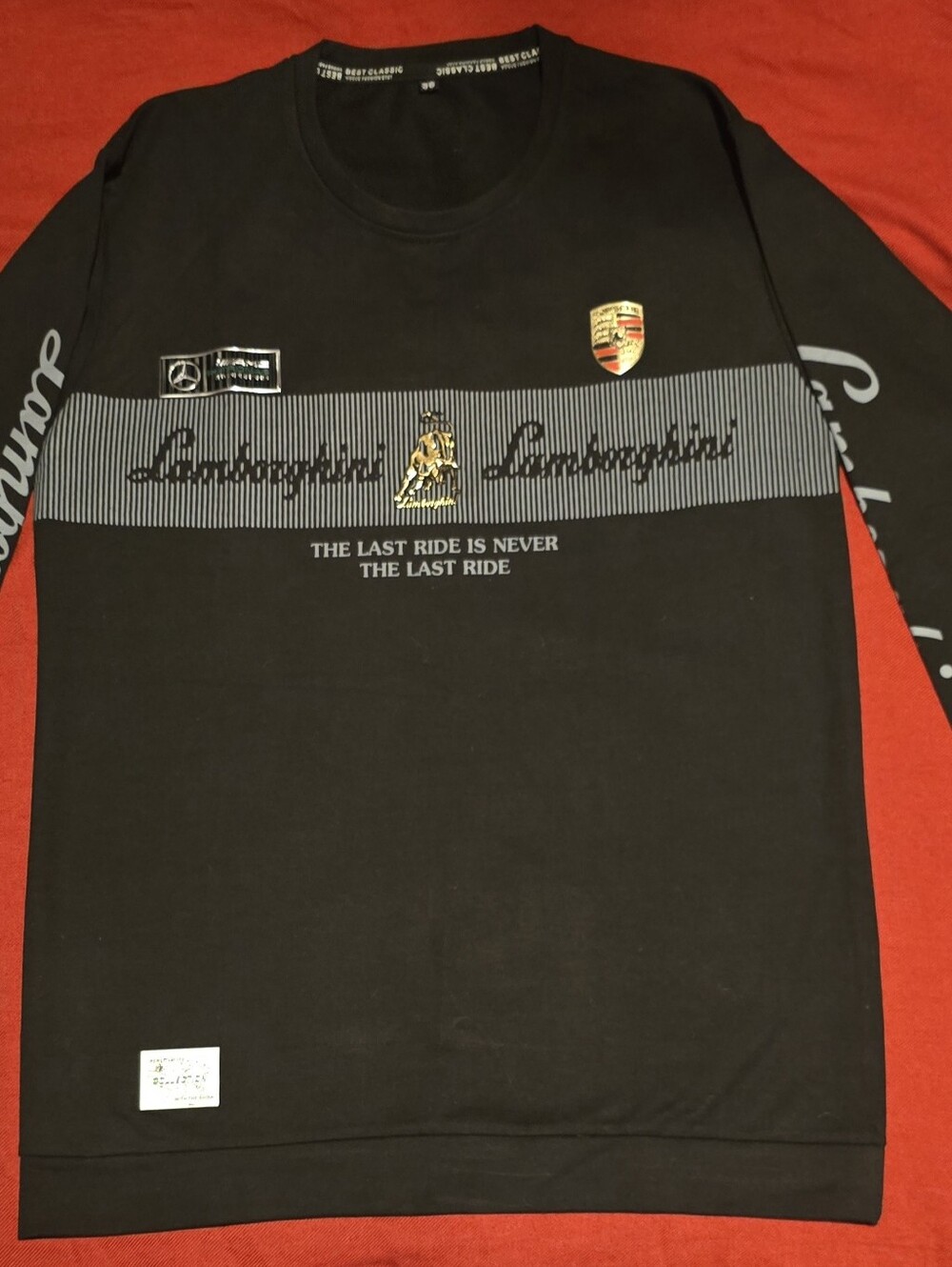 Porshe/Lamborghini Black Long-Sleeve Crew with Gray Stripe and Gold Crest